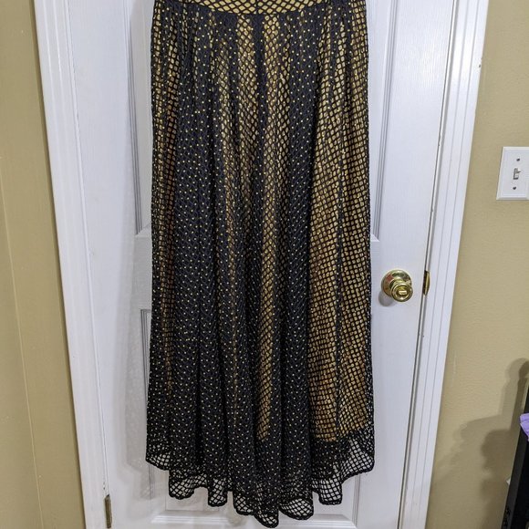 Raquel Black Net Overlay Gold Liner Crystals Tie Belt Maxi Skirt - size 1XL NWT - Picture 10 of 14